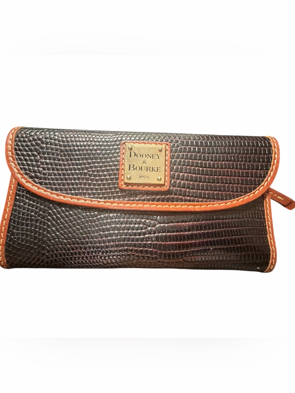 Dooney & Bourke Black Textured Wallet with Tan Trim and Gold Plate